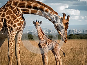 Mother Masai Giraffe Protecting Baby