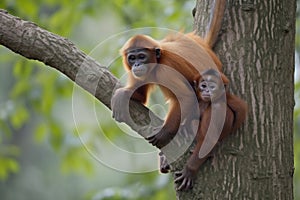 mother monkey climbing tree, with infant riding on her back