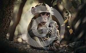 A Mother monkey feeding her baby monkey, blurred trees background generative AI photo