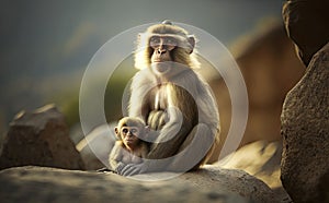 A mother monkey with her baby sitting on rock, blurred background in morning generative AI photo