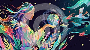 Mother Nature with Globe in Vibrant Ecosystem Illustration