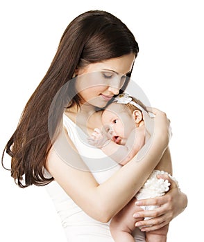 Mother Newborn Baby Family Portrait, Mom Embracing New Born Kid