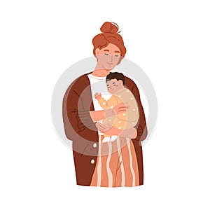 Mother and newborn baby in hands. Young mom holding and hugging calm child. Happy peaceful woman and infant portrait