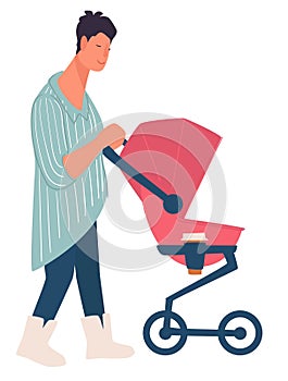 Mother with newborn daughter in pink pram on walk