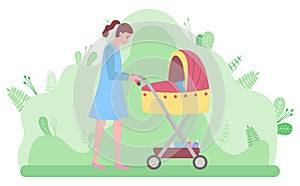 Mother with Newborn Kid in Perambulator Vector