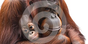 A mother orangutan cradling her infant