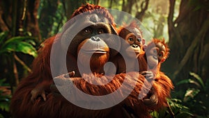 Mother orangutan with her cute babies in the grass