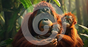 Mother orangutan with her cute babies in the grass