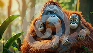 Mother orangutan with her cute babies in the grass