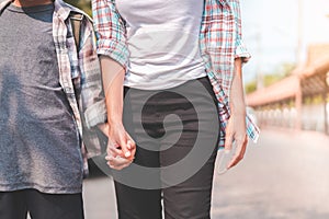 Mother or parent holding hand son or pupil with backpack go to school, Back to school concept, Selective focus