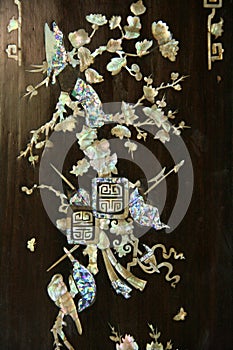 mother-of-pearl marquetry in the binh thuy house in can tho (vietnam)