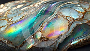 Mother of pearl ornamental surface. Colorful, iridescent, marble background with gold veining.