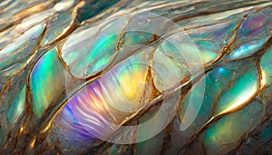 Mother of pearl ornamental surface. Colorful, iridescent, marble background with gold veining.