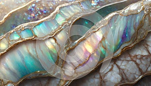 Mother of pearl ornamental surface. Colorful, iridescent, marble background with gold veining.