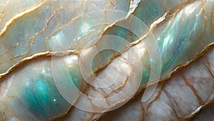 Mother of pearl surface with turquoise highlights. Light marbled effect with golden veins.