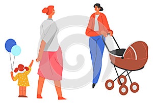 Mother with perambulator talking to woman and kid