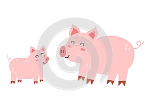 Mother pig with her baby piglet. Cute farm animal characters mom and her child