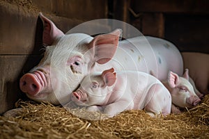 a mother pig snuggling her little ones in the warm barn