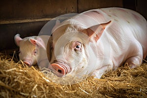 a mother pig snuggling her little ones in the warm barn