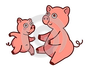 Mother pig about to hug her baby that runs
