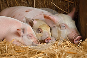 a mother piglet snuggling next to her brood of sleeping siblings