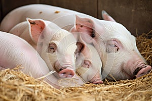 a mother piglet snuggling next to her brood of sleeping siblings