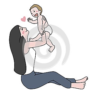 Mother playing with baby cartoon illustration minimal style