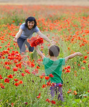 Mother playing with her toddler child in poppy field