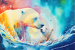 Mother Polar bear and baby cub kissing bears in the North Pole love