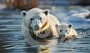 Mother Polar Bear and Cub Swimming