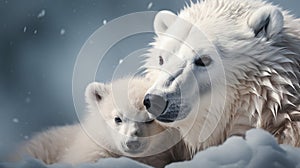 a mother polar bear and her cub in the snow with snow flakes. generative ai