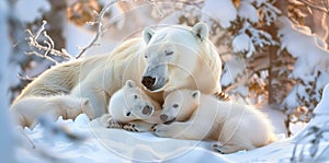 A mother polar bear is laying down with her two cubs