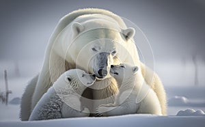 Polar bear with her twin cubs sleeping in an affectionate moment, in morning, generative AI photo