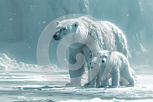 A mother polar bear is seen with her two cubs in the Arctic