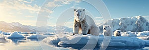 mother polar white bear with a two cub on snow and ice by water in winter in nature