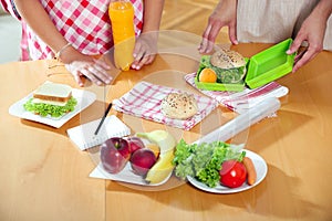 Mother preparing healthy lunch box for child