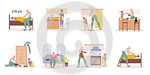 Mother preschool son daily activities scene set