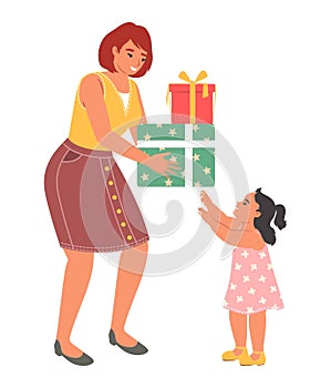 Mother presenting gift to little girl daughter vector illustration