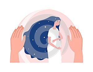 Mother protection. Motherhood, pregnant woman in safety bubble. Hand care about young female, baby waiting vector