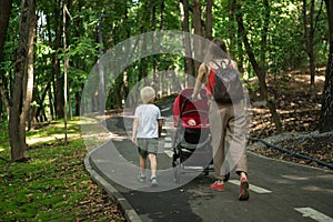 Mother pushing baby carriage. Mom walks in park with son and baby. Parenthood and motherhood concept. Back view