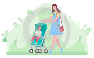 Mother Pushing Perambulator with Baby Child Vector