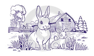 Mother rabbit and little rabbit are sitting near the farm. Vector linear illustration for Coloring pages