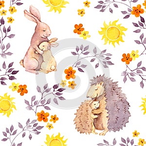 Mother rabbit and mum hedgehog hug baby animal. Watercolor painted seamless pattern