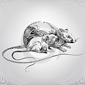 Mother rat with a baby in an ornament. vector illustration