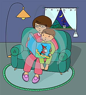 Mother reading bedtime story to her son