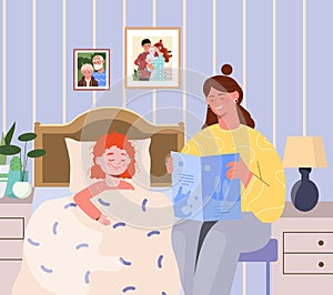 Mother is reading a bedtime story to put her little daughter to bed