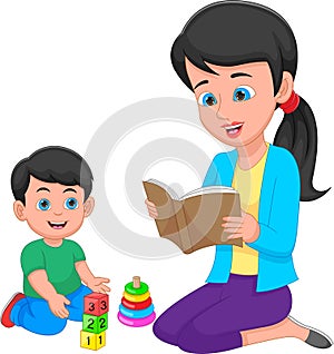Mother reading a book with her son