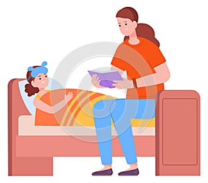 Mother reading book for kid in bedroom. Bedtime story