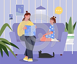 Mother reading book to daughter vector