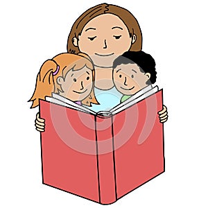 Mother reading book to her children